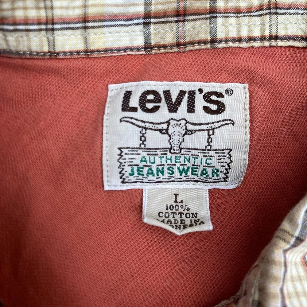 Levi's Shirt Mens Large Beige Plaid Western Pearl Snap Short Sleeve Casual